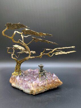 Vintage Bronze & Amethyst Sculpture: Boy Sitting Under Tree
